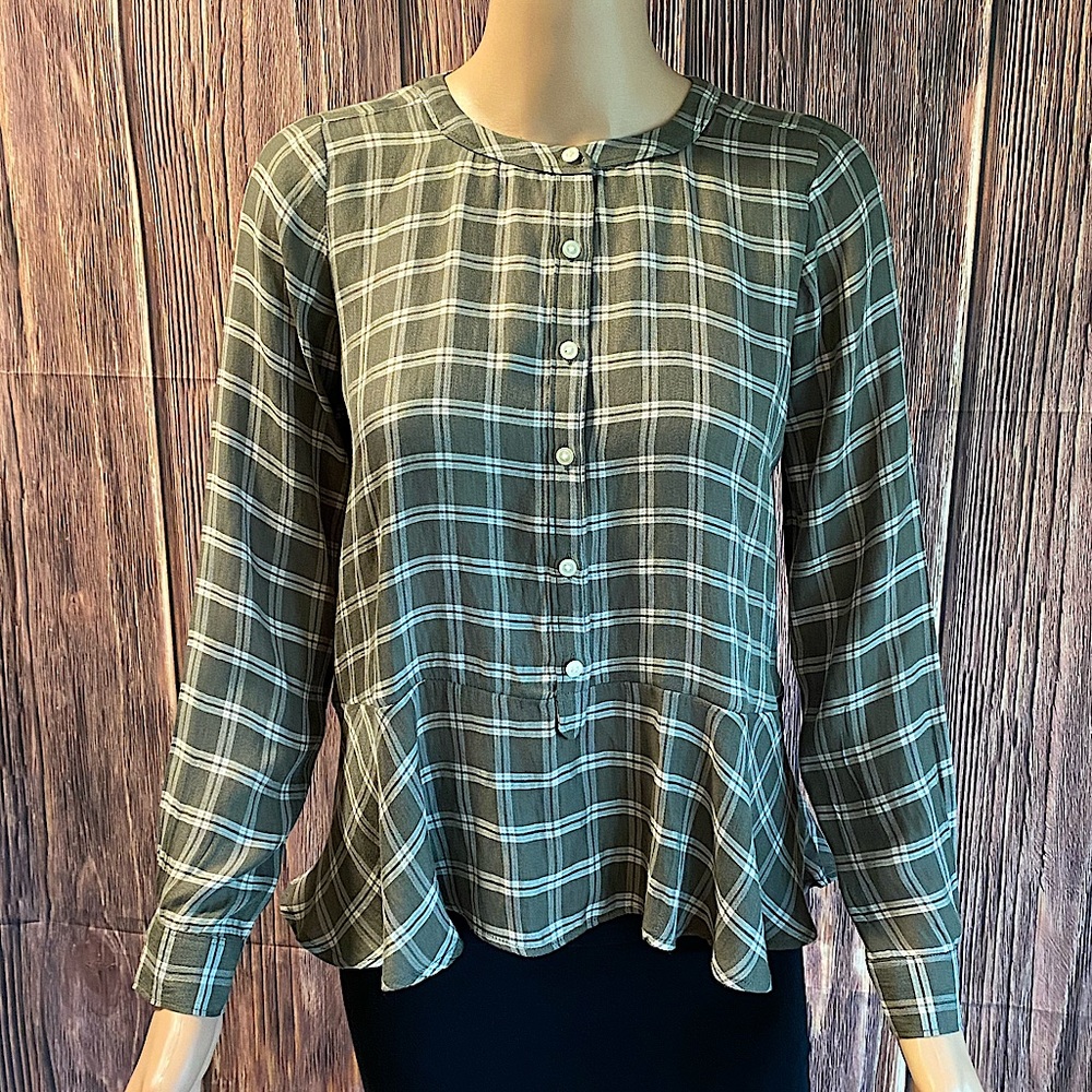 Ann Taylor LOFT size XXSP XXS petite green & pink plaid button up peasant top